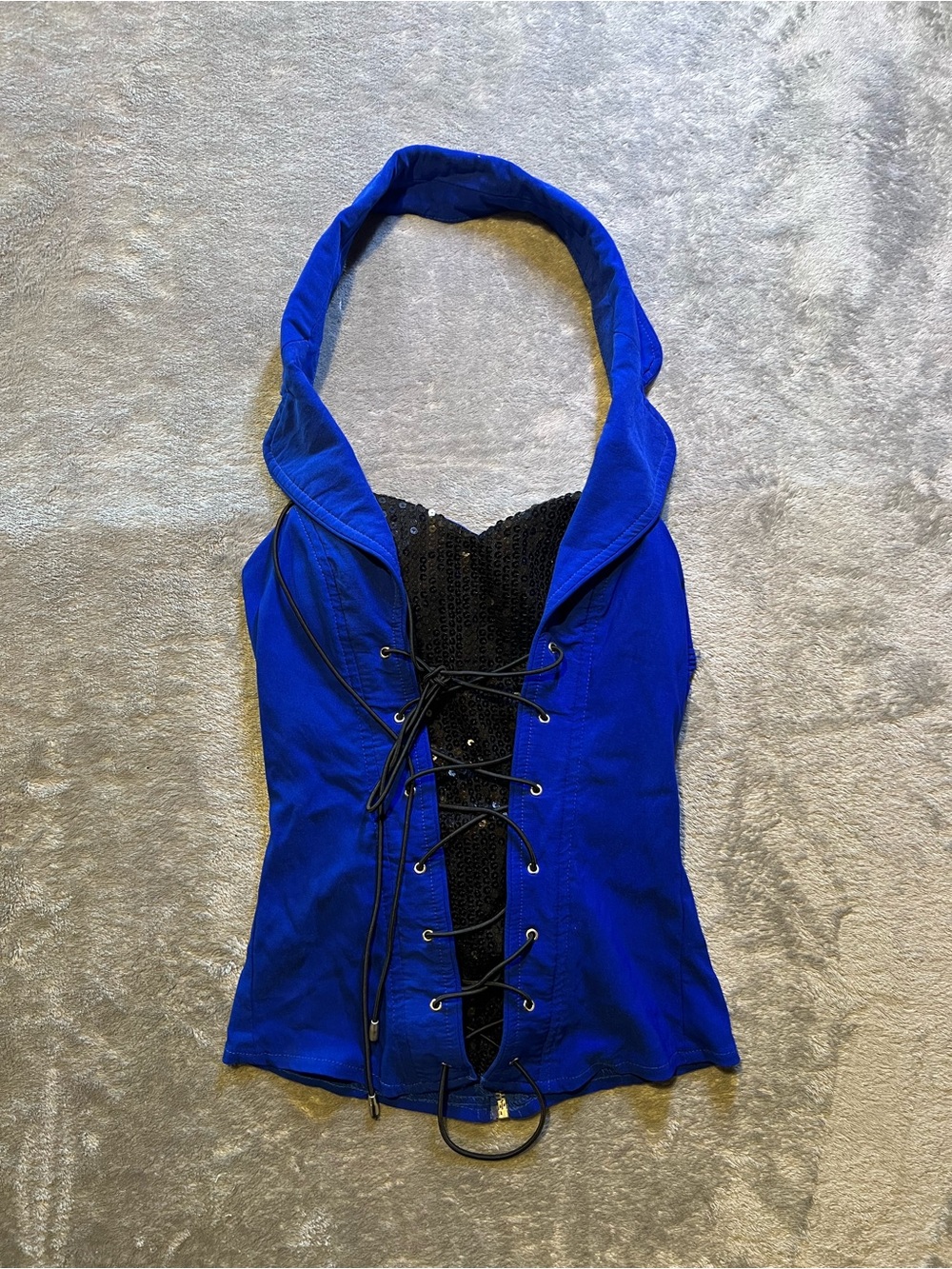 Oh Yes Blue Halter Camisole with Black Sequin Lace-Up Panel